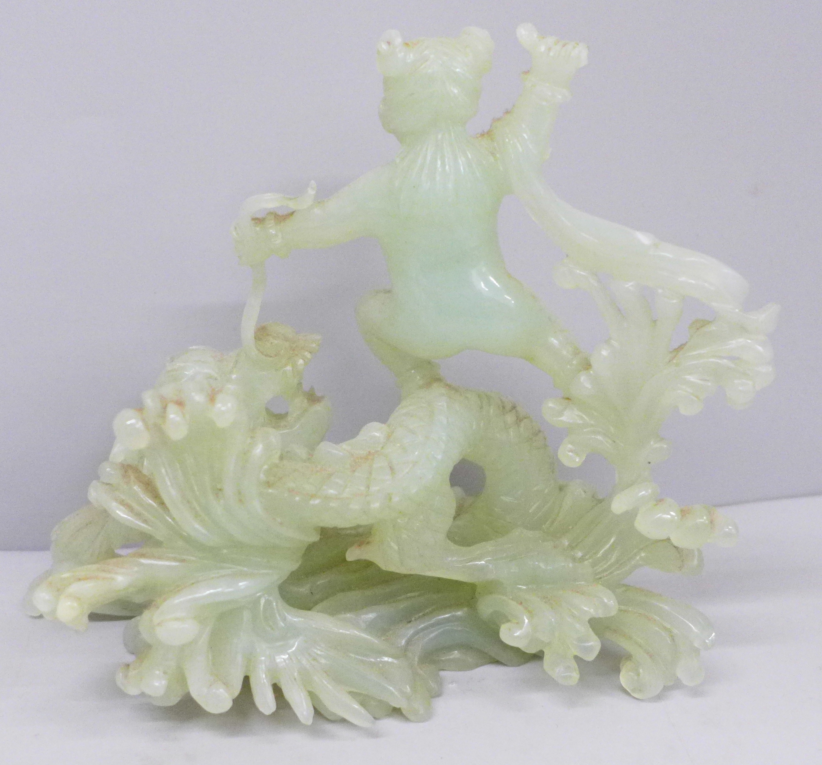 A carved jade relief of Boy with Dragon, 15.5cm tall and a carved jade incense burner with hoop - Image 4 of 5