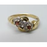 A ruby and diamond double cluster ring, hallmark worn, 2.6g, O