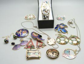 Cloisonne jewellery, four pairs of earrings, seven brooches, two necklaces and a bangle