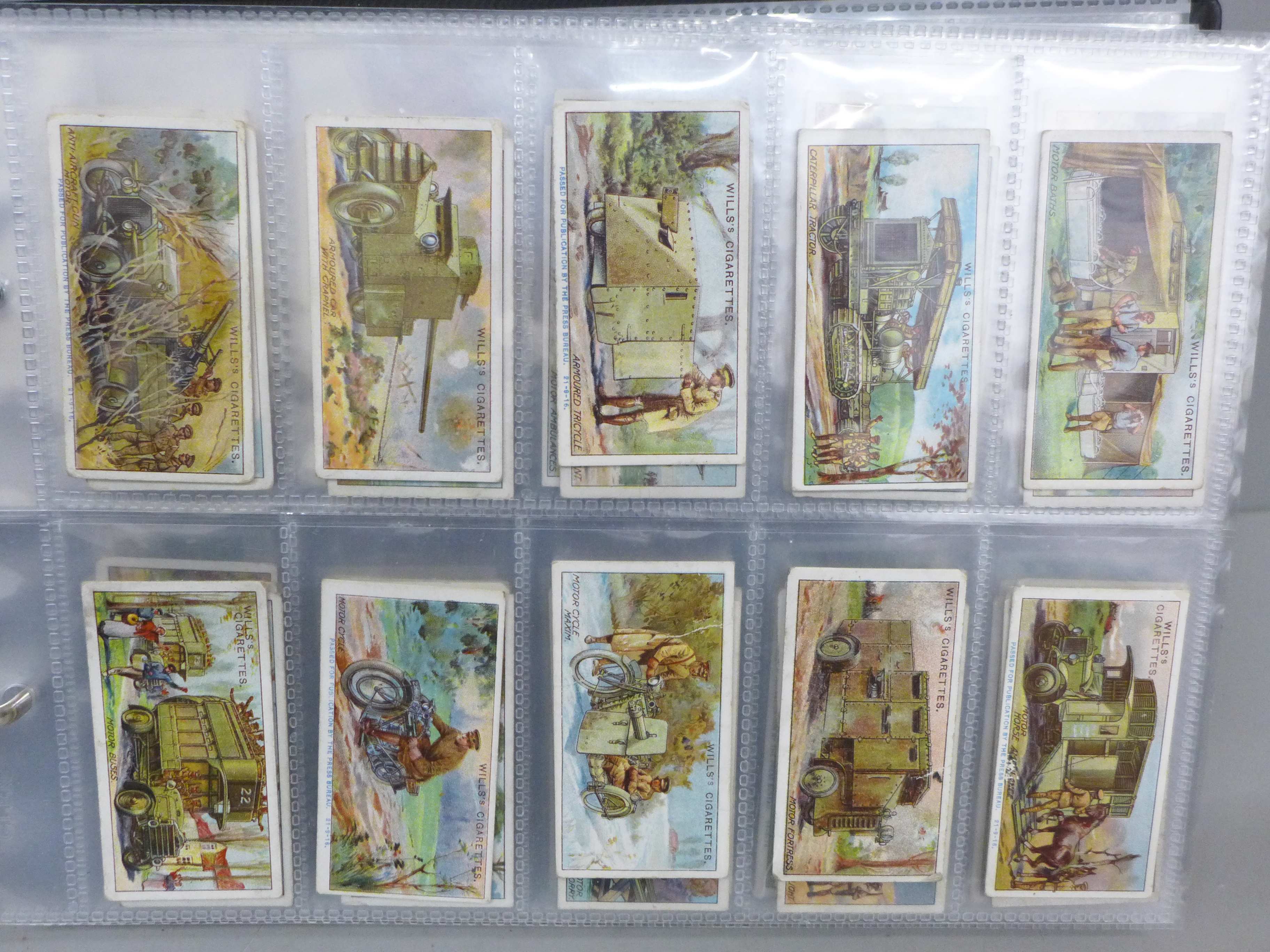 An album of cigarette cards with 10 complete sets including Wills 'Military Motors', Players '
