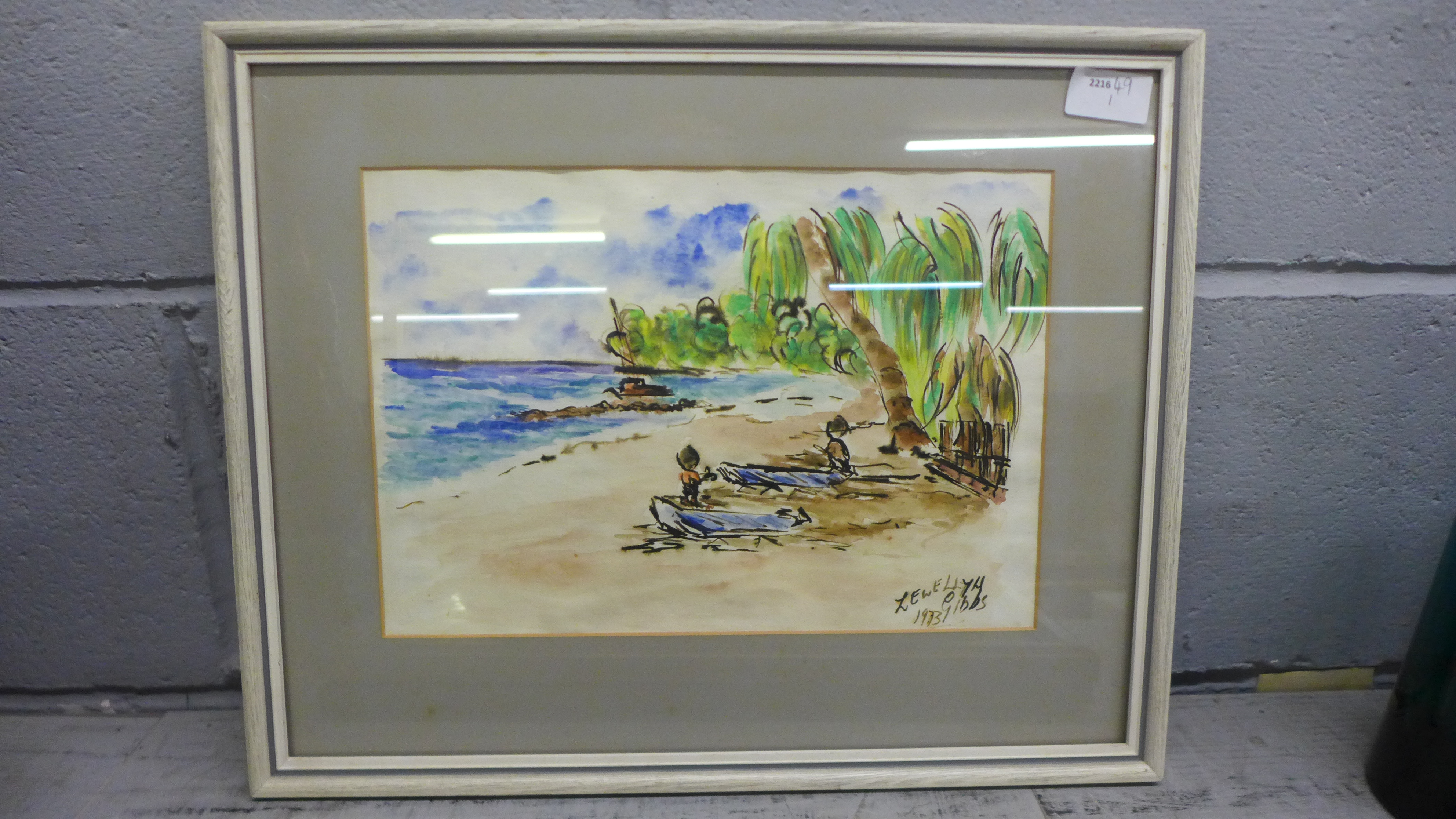 A pen and ink watercolour of a beach scene. A pair of Sylvester Stannard rural landscapes prints. - Bild 12 aus 15