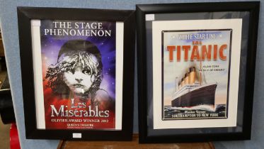 A Titanic framed sign and a Les Miserables print