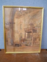 After Samuel Prout, interior cathedral scene, watercolour, framed