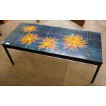A Belgian Juliette Belarti style tiled top rectangular coffee table, indistinctly signed