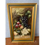 English School (early 20th Century), still life of fruit and flowers, oil on board, framed and a