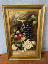 English School (early 20th Century), still life of fruit and flowers, oil on board, framed and a