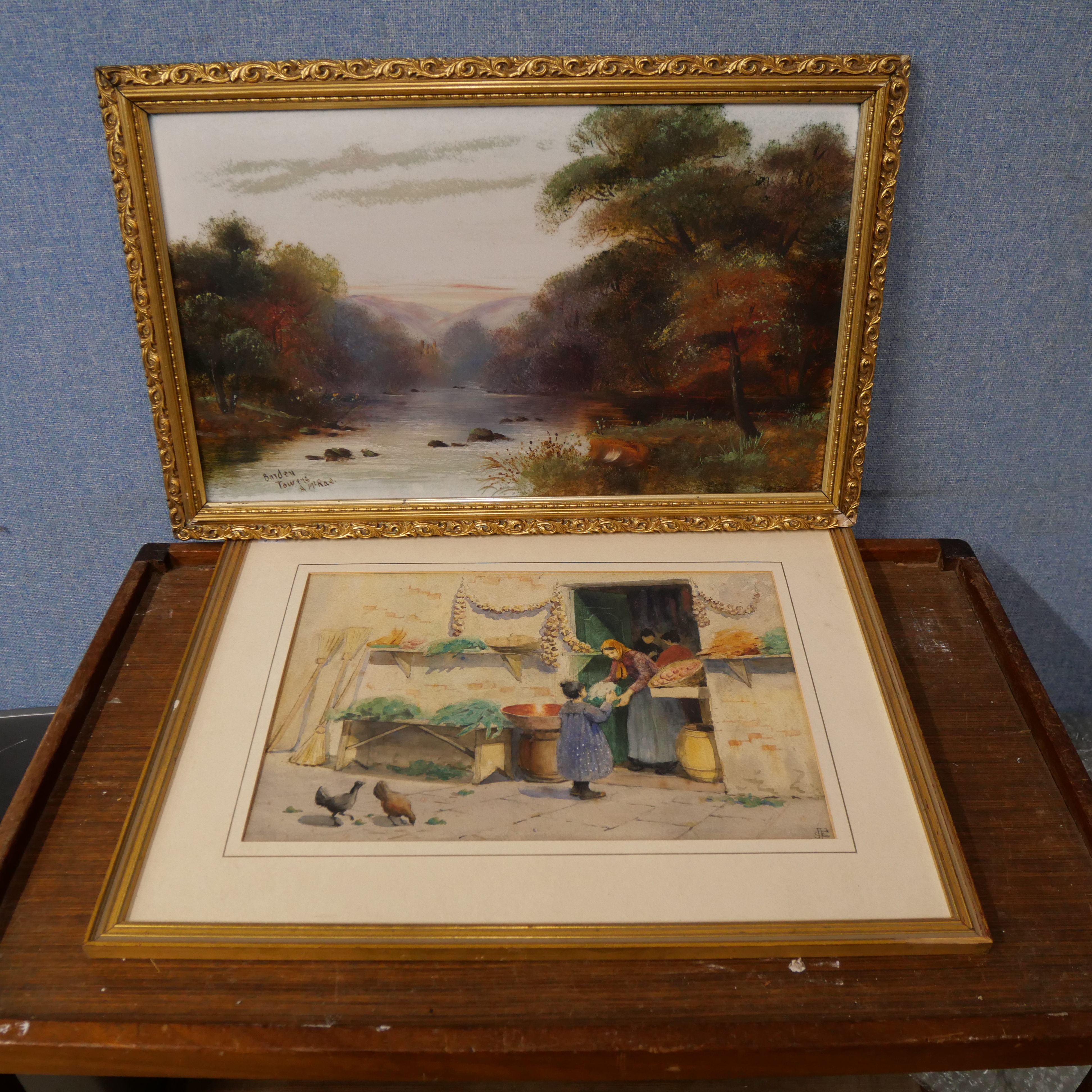 A. McRae, Barden Towers, oil on board and a watercolour depicting Italian figures in a courtyard,