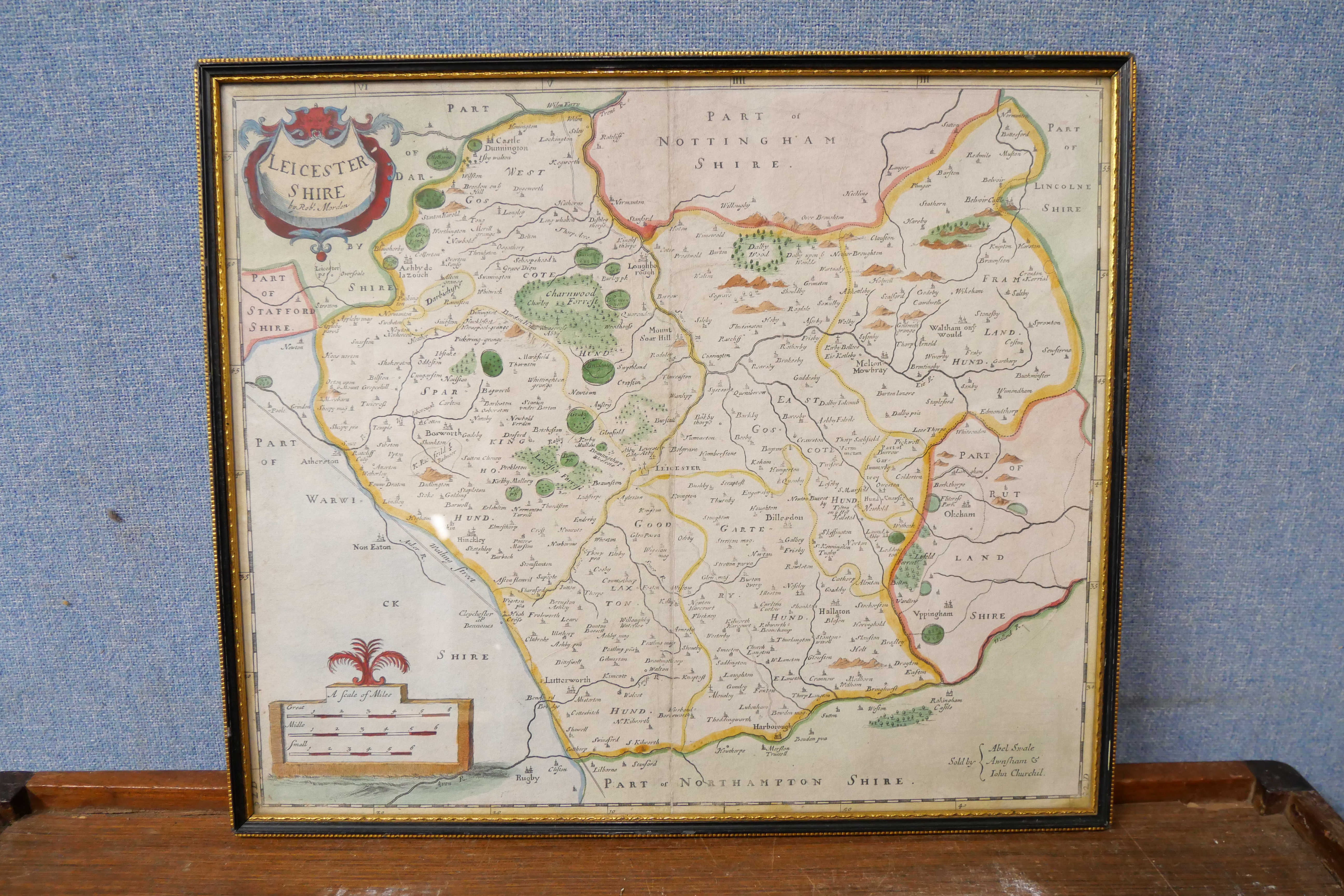 A 17th Century John Morden engraved map, Leicestershire, framed