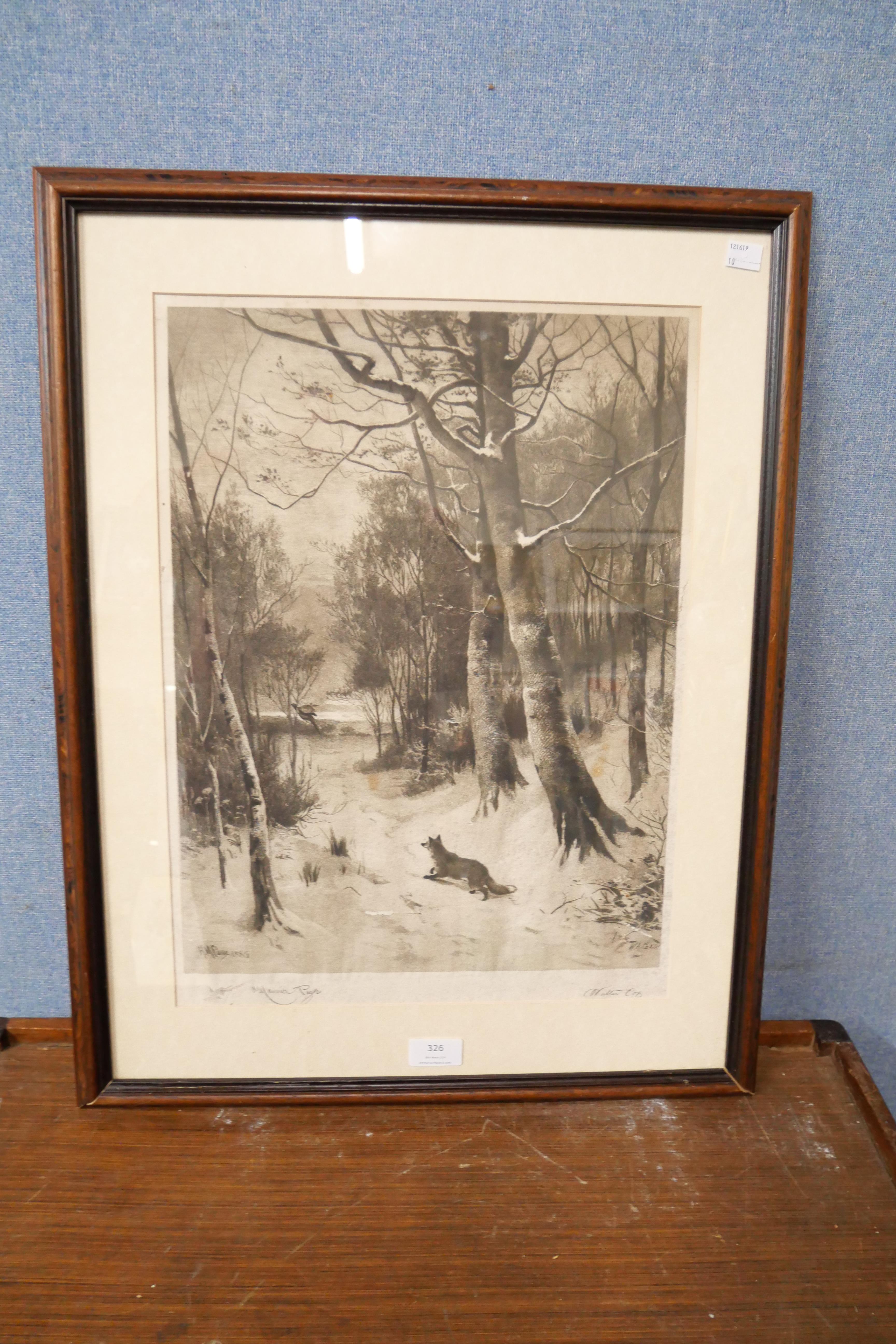 A 19th Century W.A. Rose and H.H. Page engraving, fox in a winter landscape, framed