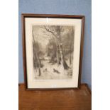 A 19th Century W.A. Rose and H.H. Page engraving, fox in a winter landscape, framed