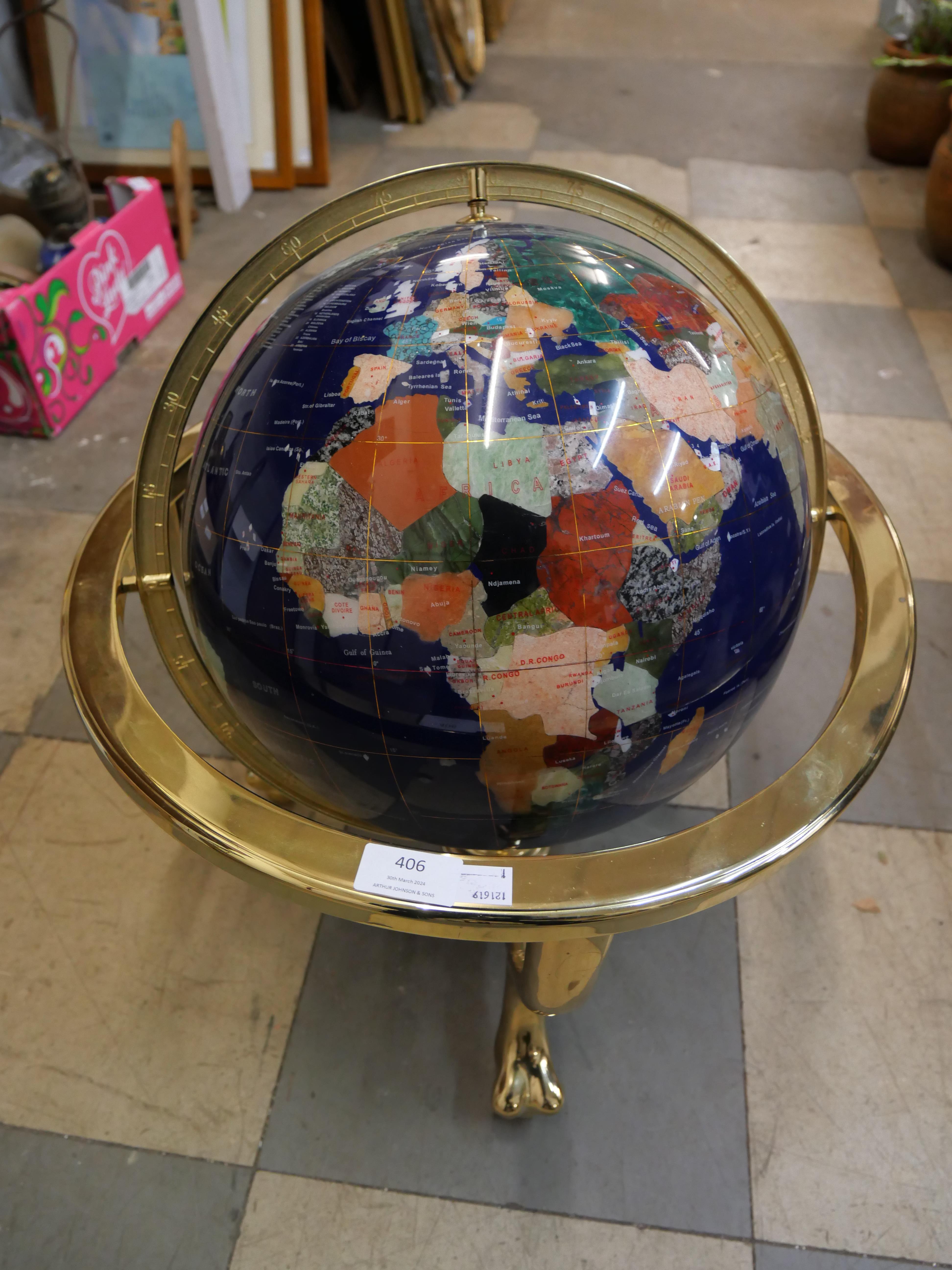 A brass and faux gemstone inlaid terrestrial globe - Image 2 of 2