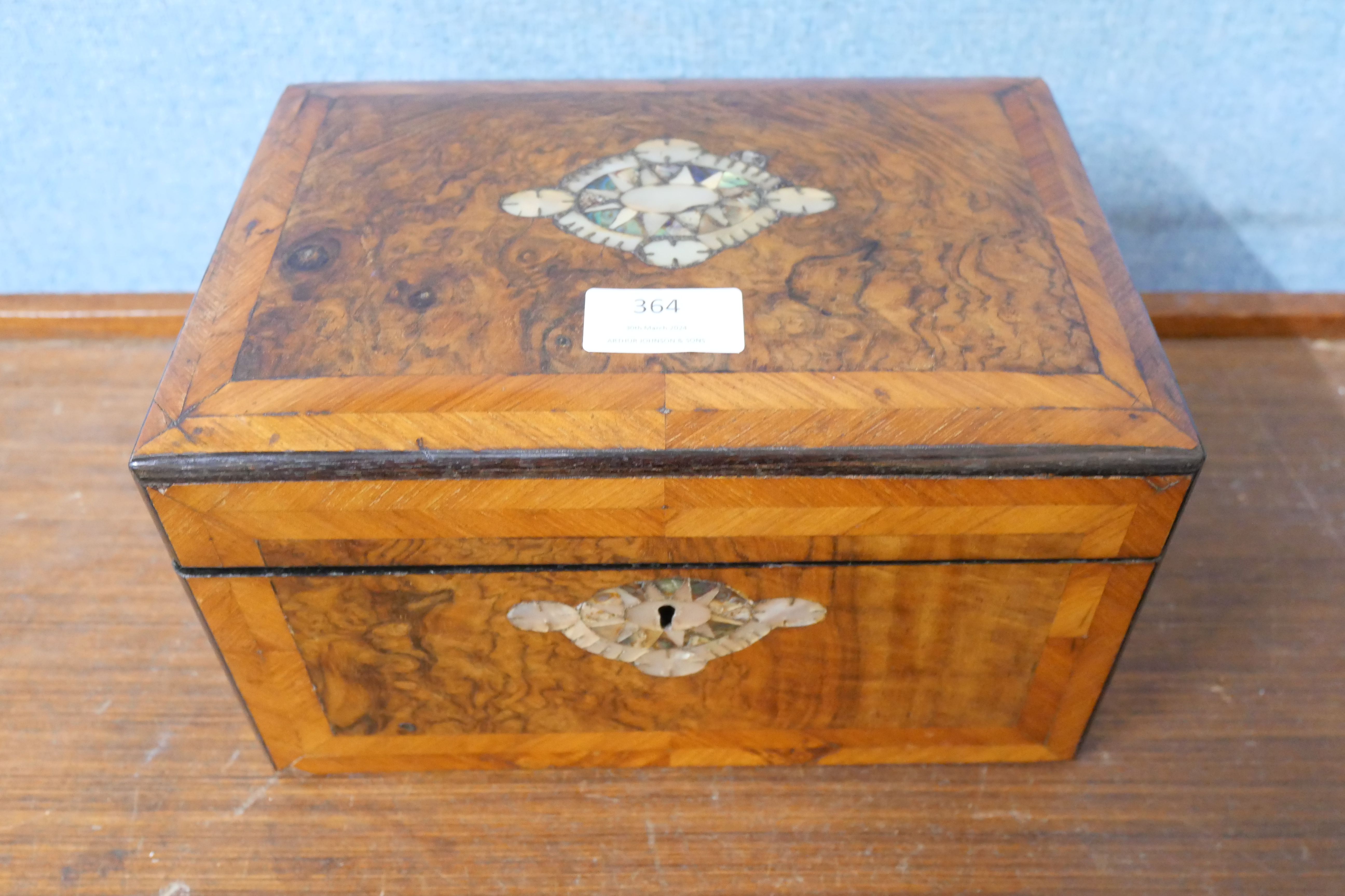 A mother of pearl set 19th Century walnut work box