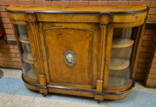 A Victorian inlaid walnut and gilt metal mounted credenza, with Sevres style porcelain oval plaque