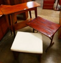 A teak dressing table stool, an occasional table and hall table