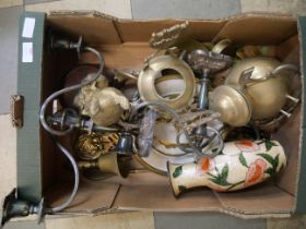 A box of mixed metal wares including a pair of silver plated candelabra