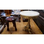 A mahogany milking stool and a French style marble topped gilt stool
