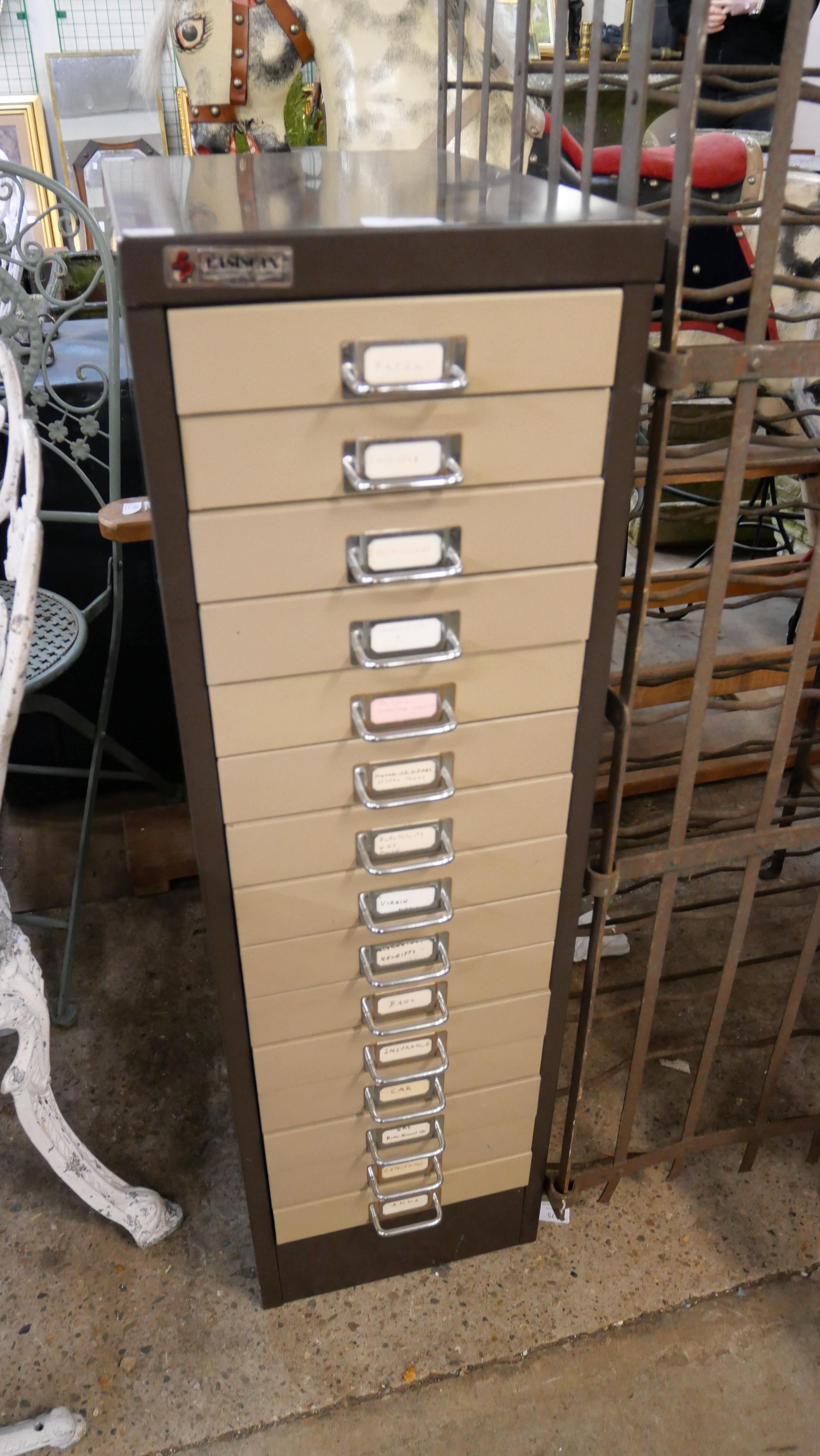 A fifteen drawer metal cabinet