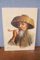 An oriental portrait of a man with opium pipe, oil on canvas, indistinctly signed, unframed
