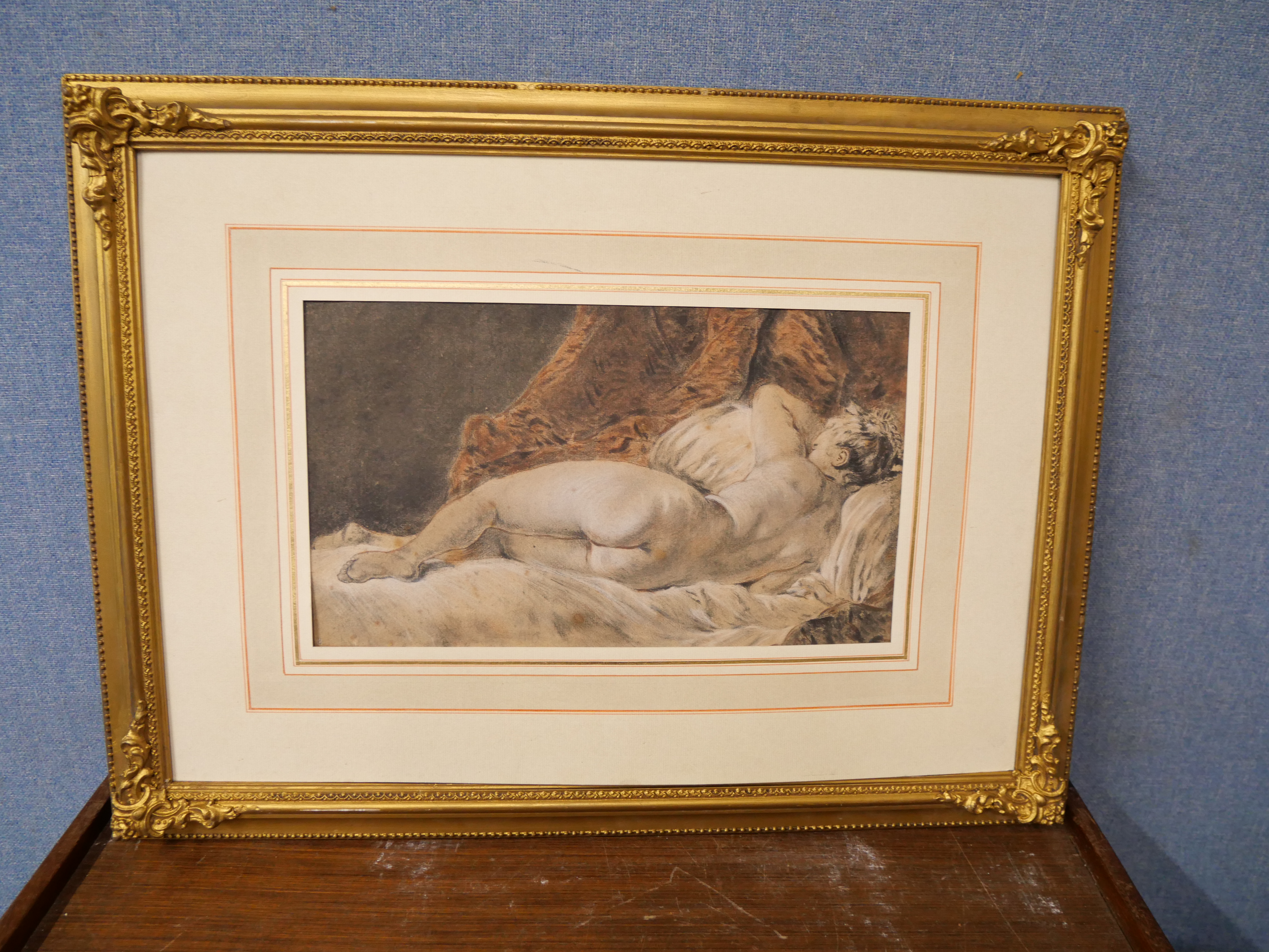 French School (19th Century), portrait of a reclining erotic female nude, pencil and chalk, 21 x