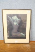 A 1940's Earl Moran calender girl pin up nude print of an early Marilyn Monroe, framed