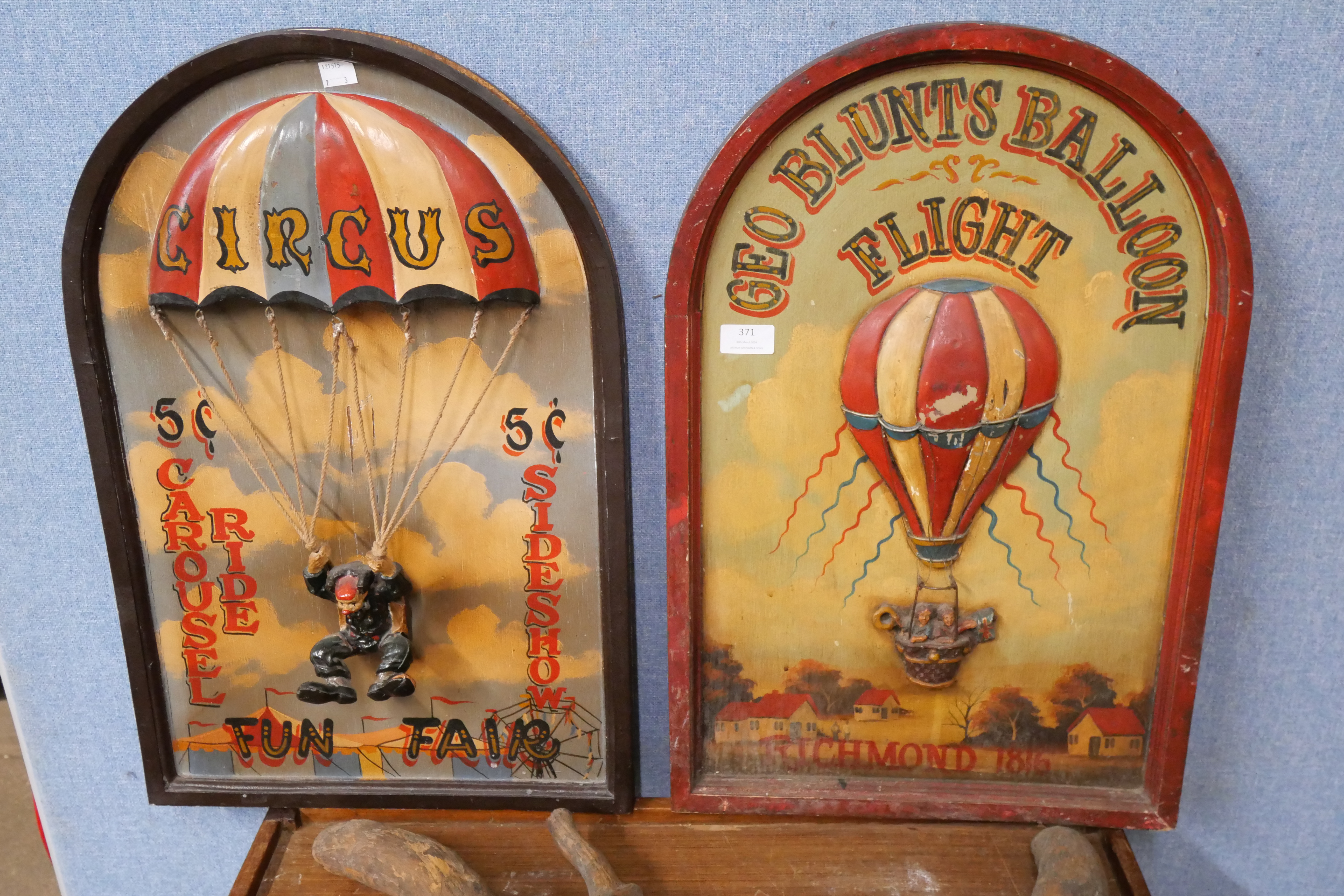 Two hot air balloon circus advertising signs and an abstract wooden art piece - Image 2 of 3