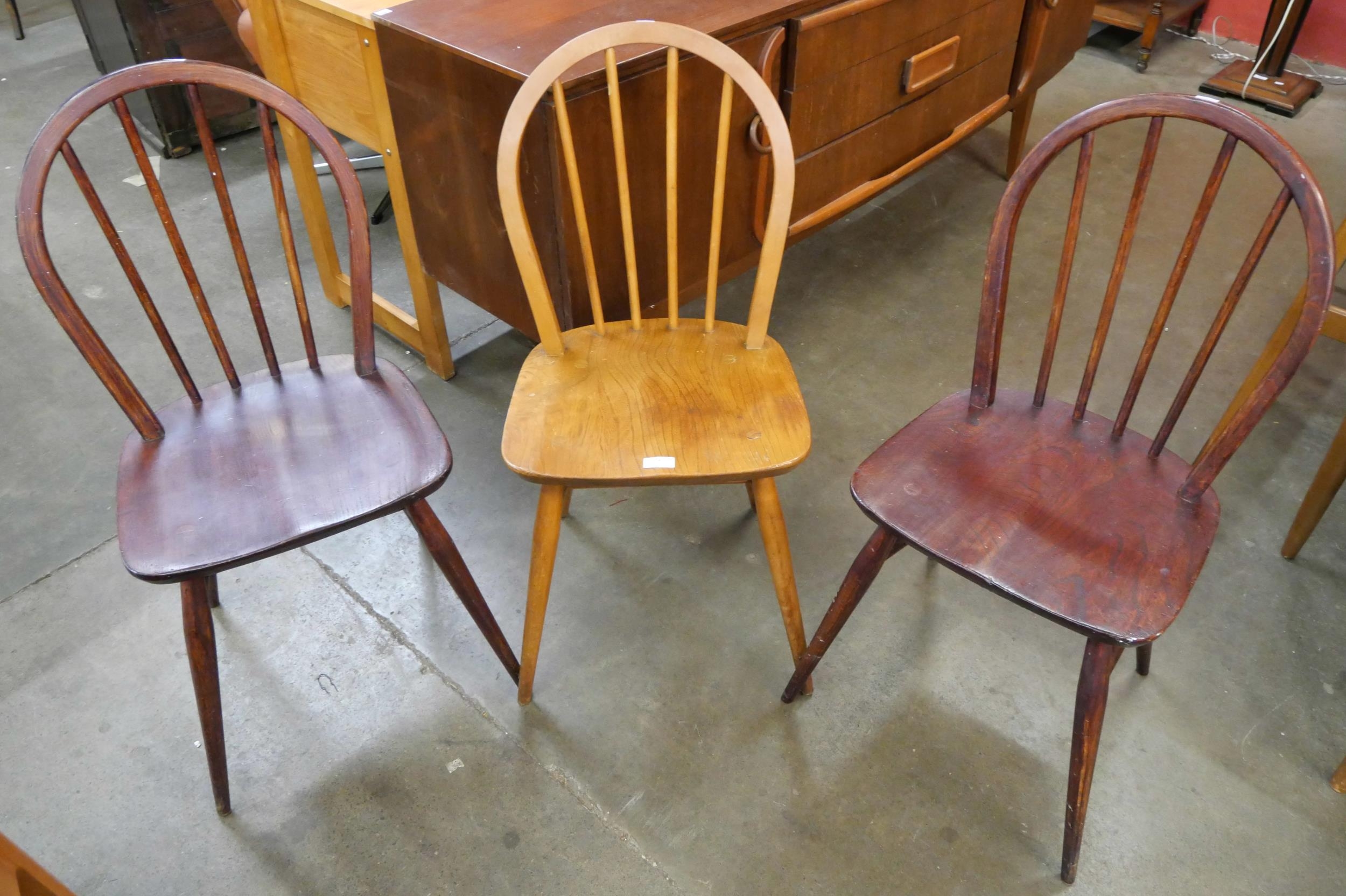 Three Ercol elm and beech Windsor chairs