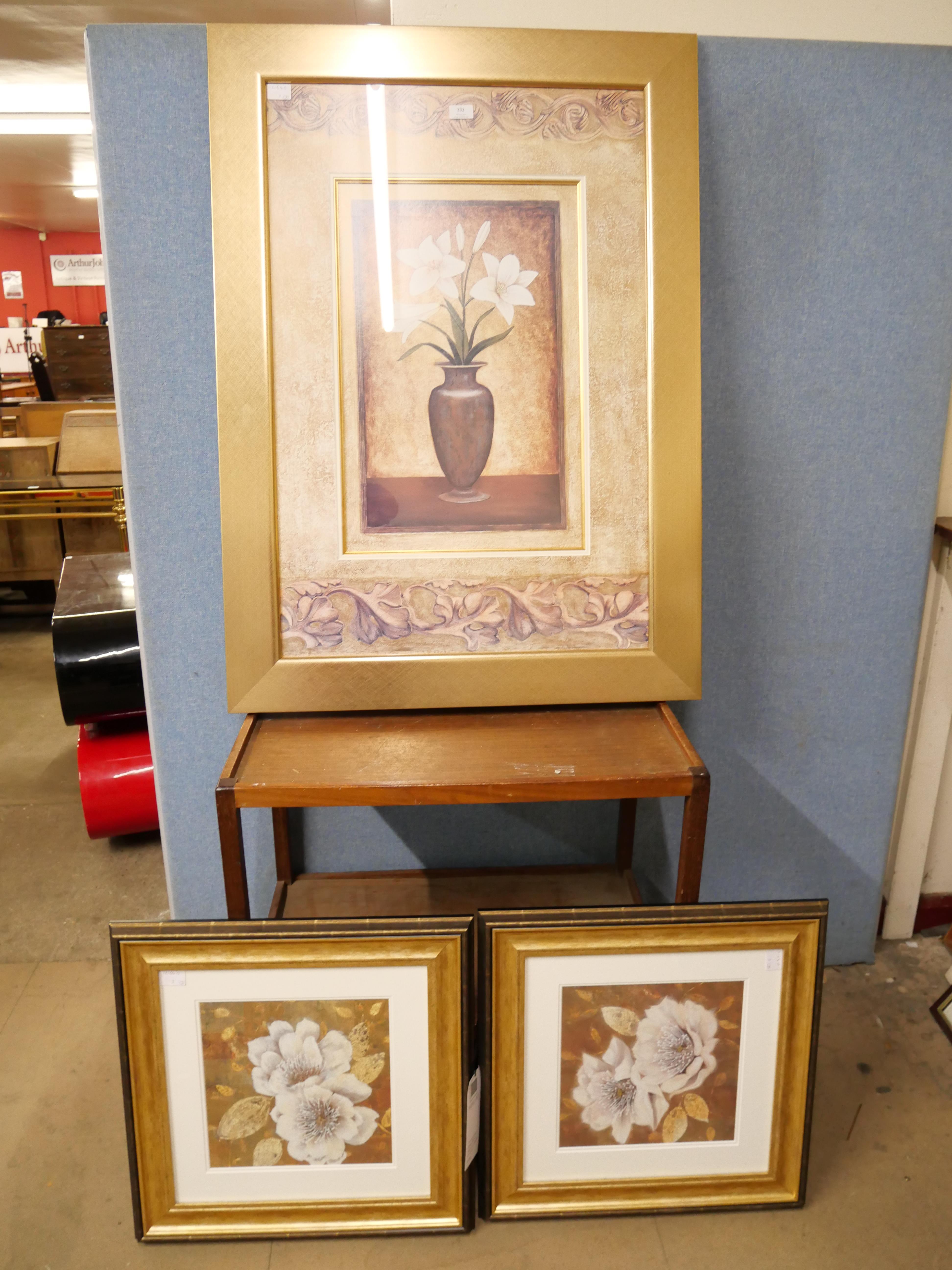 A large still life print and two others, all framed