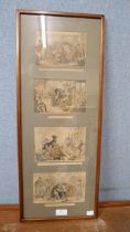 Four John Leech etchings, uniformally framed and a watercolour, Poppy Heads, framed