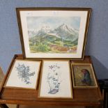 A watercolour depicting Austrian Alps, a small oil on board and two prints