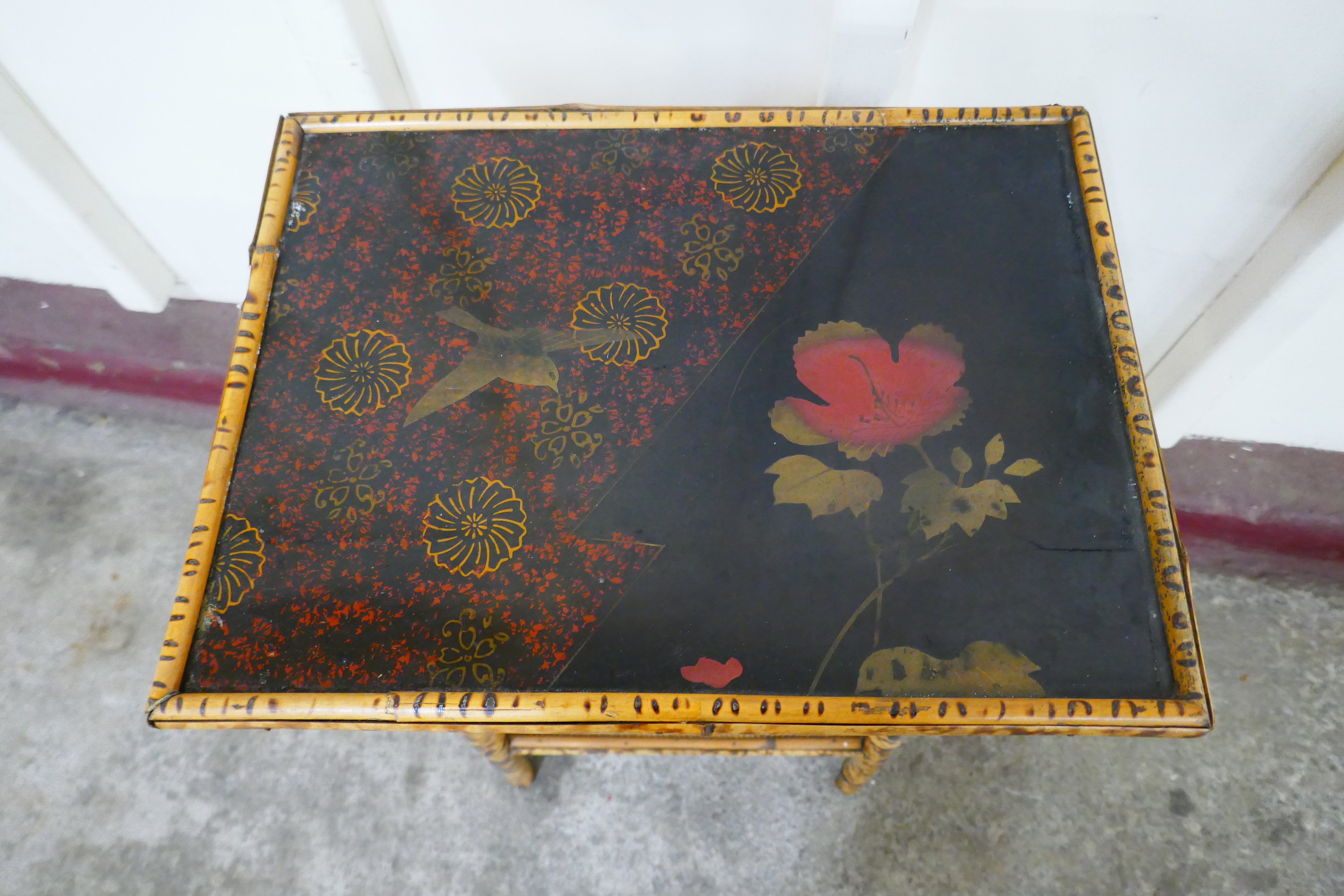 A Victorian bamboo black lacquered chinoiserie occasional table - Image 2 of 2