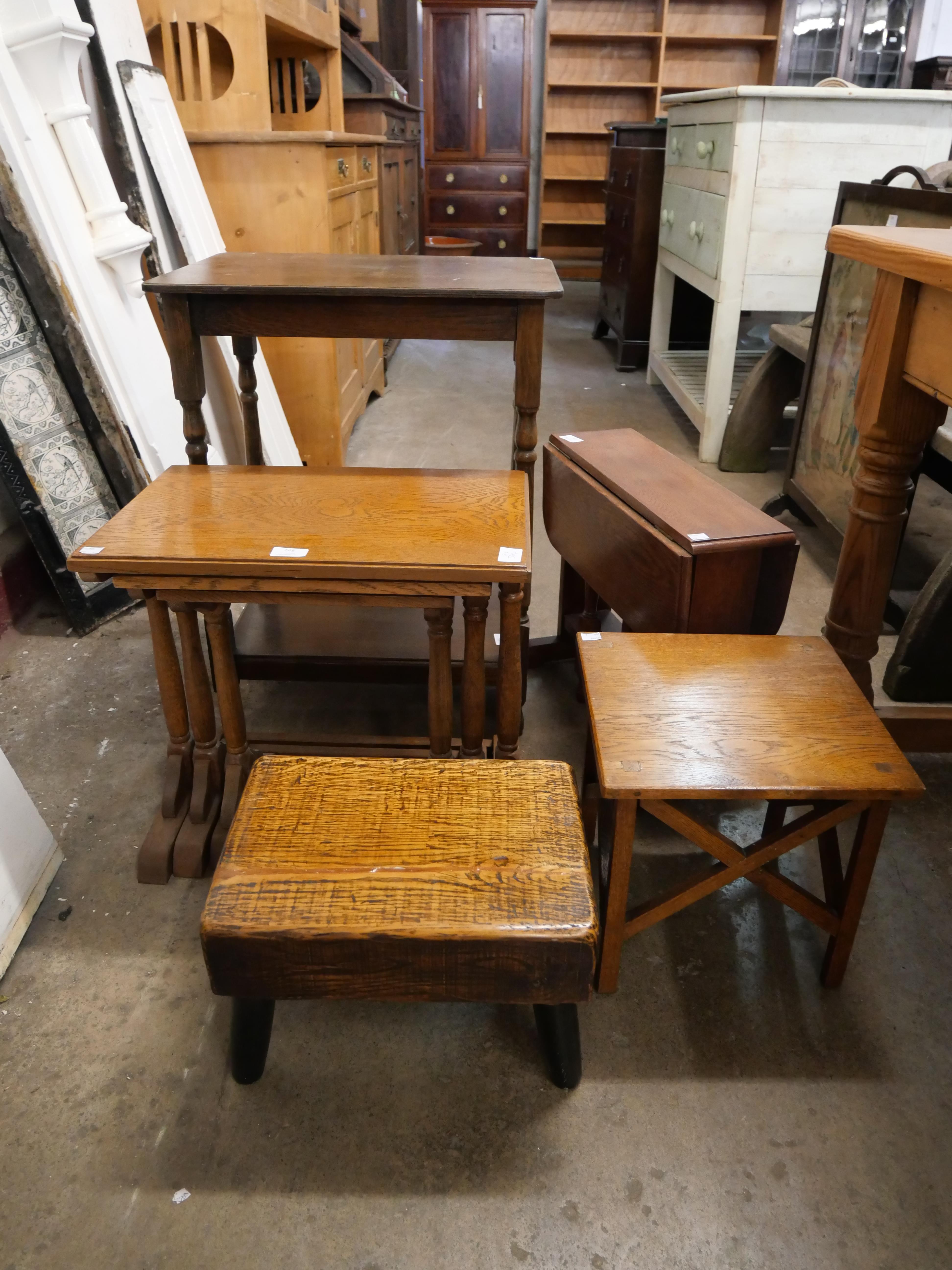 An oak nest of tables, small drop leaf occasional table and a side table and an oak stool - Image 3 of 3