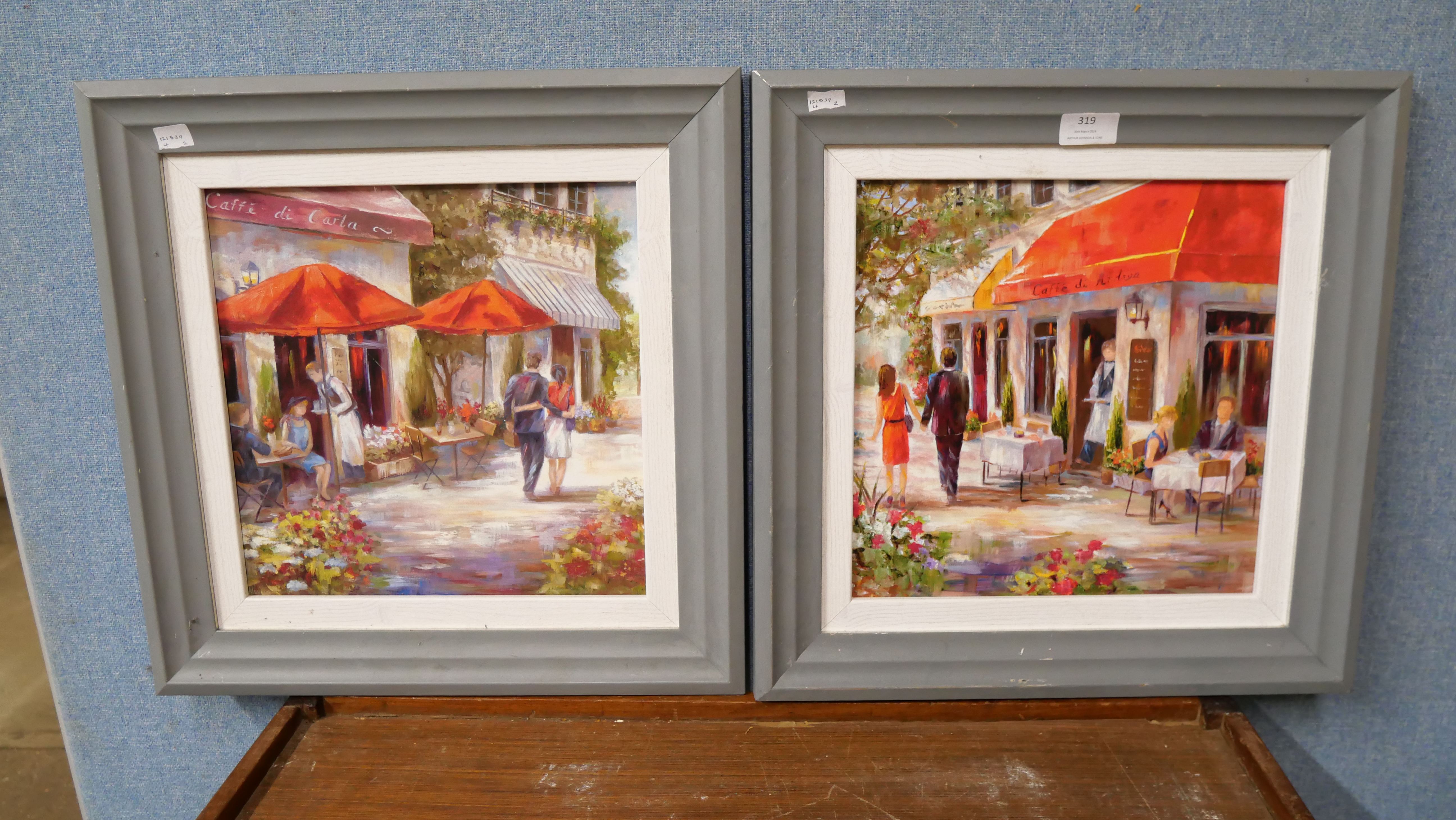 French School (20th Century), pair of cafe scenes, oil on canvas, framed