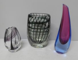 Three glass vases; Magnor Norway, Kosta and Murano