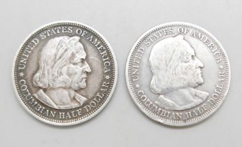 Two US Columbian half-dollar coins, World's Columbian Exposition Chicago 1893, 24.9g