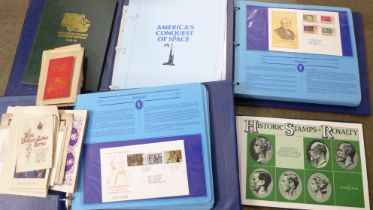A box of stamps, Great Historic Stamps, First Day Covers, Historic Stamps of Royalty, a folder of