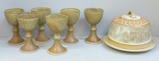A 1970s Cornish Pottery cheese dish and six goblets
