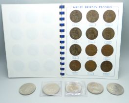 GB pennies, 1900-1939, in presentation folder, and five commemorative crowns