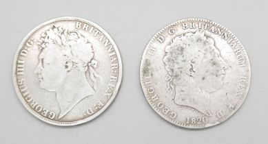 An 1821 George IV Secundo crown and an 1820 George III LX crown