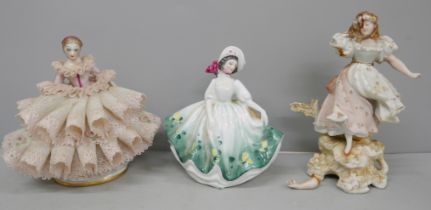 Three crinoline lady figures including Royal Doulton Sunday Best, one figure a/f