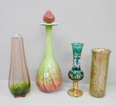 Four pieces of glassware including a Mtarfa decanter and an Isle of Wight vase