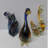 Three Murano glass models of a squirrel, duck and cockerel