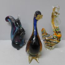 Three Murano glass models of a squirrel, duck and cockerel