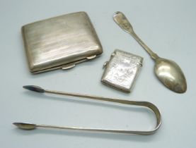 Four silver items; sugar bows, vesta case, cigarette case and spoon, 123g