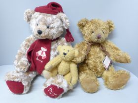 Three Teddy bears; Harrods 1999, Russ and Atlas Editions Teddy