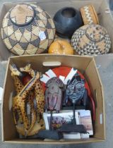 Two boxes of worldwide tourist trade souvenirs including South African Zulu basket **PLEASE NOTE