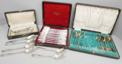 A cased set of twelve continental white metal forks, marked Cristofle, six similar spoons marked