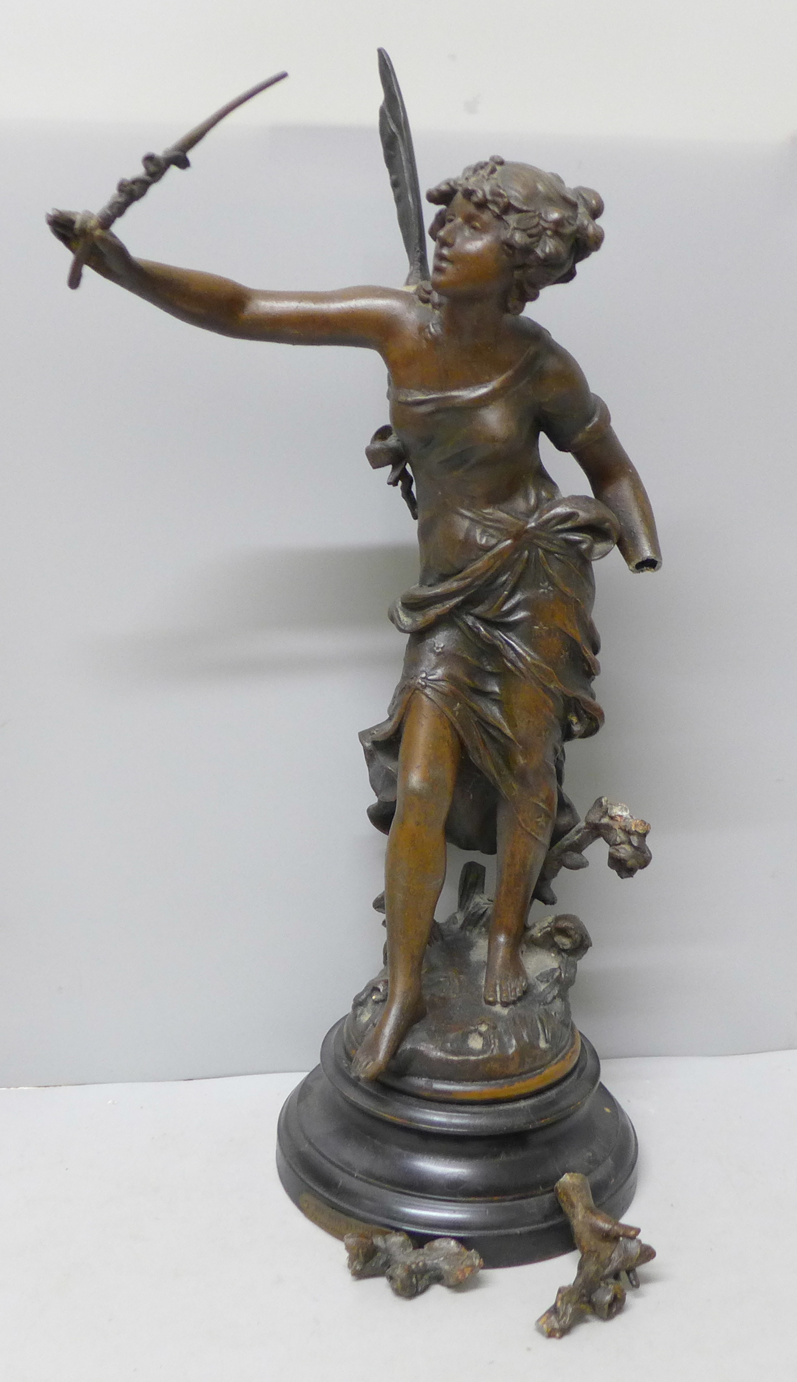 A spelter figure, Fee Aux Fleurs (Fairy of the flowers), after Louis Moreau, a/f, 48cm