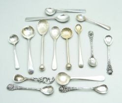 Ten silver salt and mustard spoons and five plated