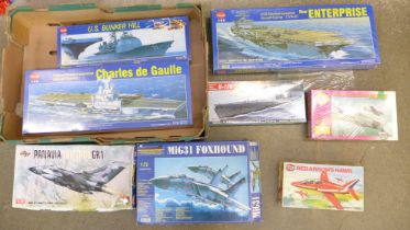Eight Military model kits, Kitech Enterprise, Charles de Gaulle, SMER Hawker Hurricane, Airfix
