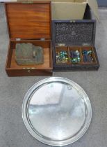 A Jewish box, wooden box, plated salver and a carved Chinese wooden box with marbles **PLEASE NOTE